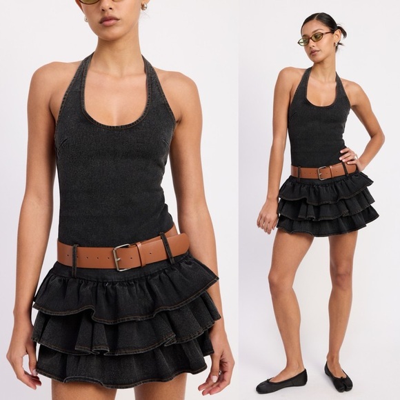 Rodeo Queen Belted Ruffled Dark Denim Mini Dress - Picture 4 of 5